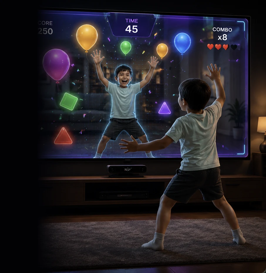 Child mid full-body play as Revive Play tracks movement and mirrors action on the living room TV