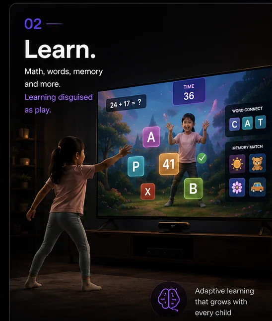 A child solving mathematics and word challenges through movement