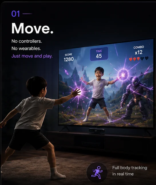 A child moving their whole body while playing a motion game